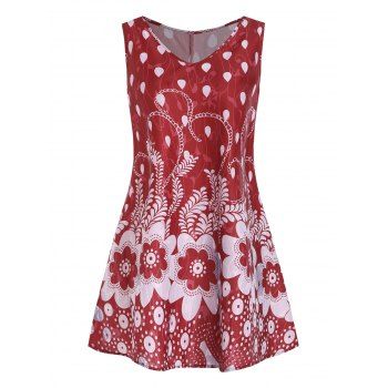 

Water Drop Flower Print Tunic Tank Top, Red