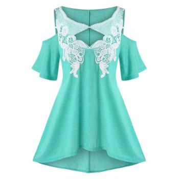 

Plus Size Lace Panel Cutout Open Shoulder High Low Tee, Light blue