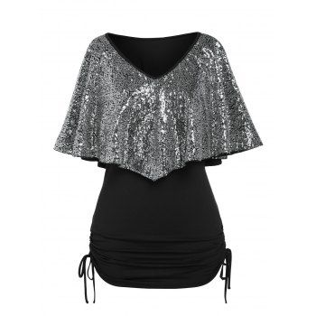 

Plus Size Sequins Ruffled Cinched Side Tee, Black