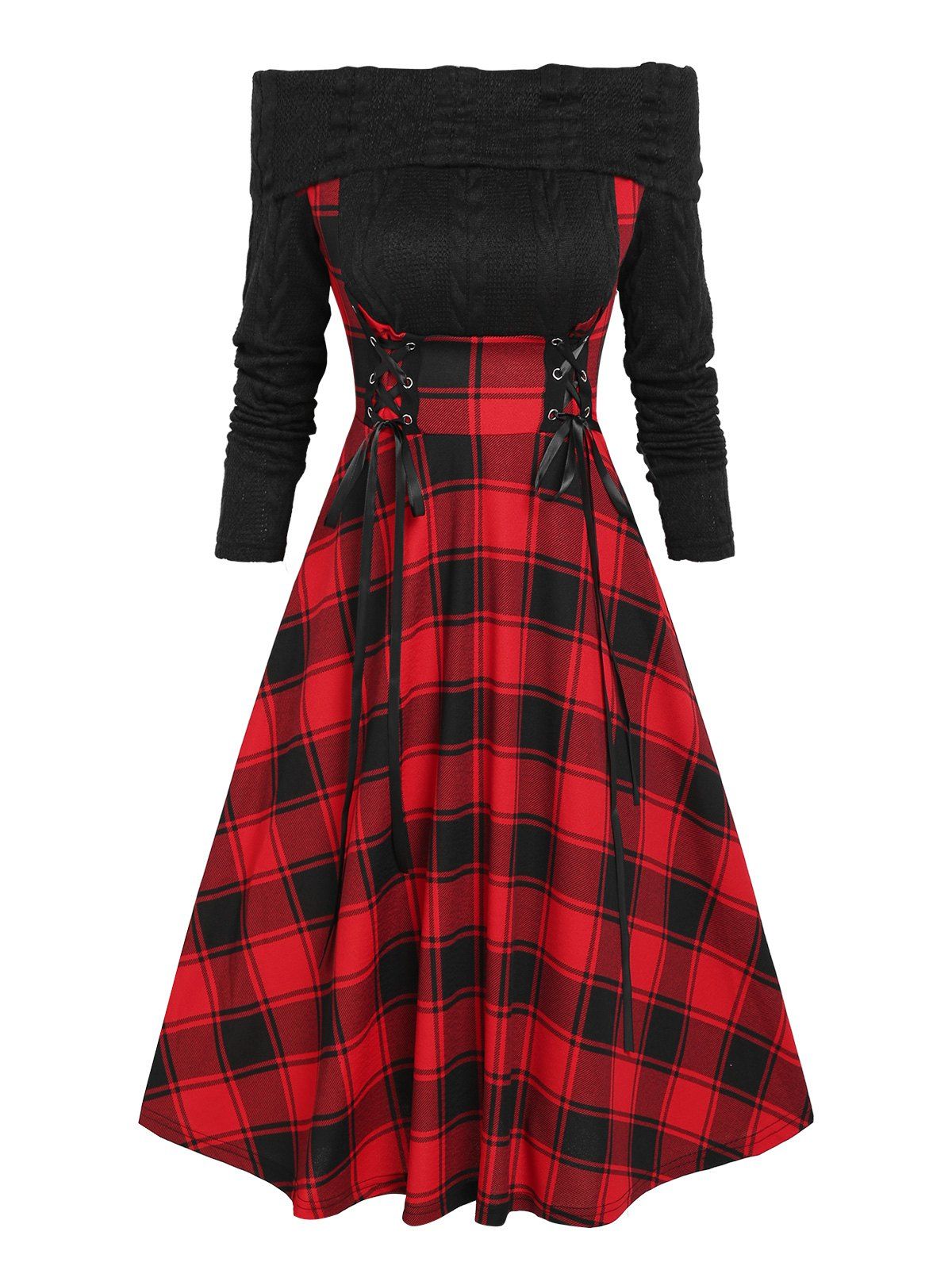 Vintage Off Shoulder Plaid Lace Up 2 In 1 Dress - RED XXXXL