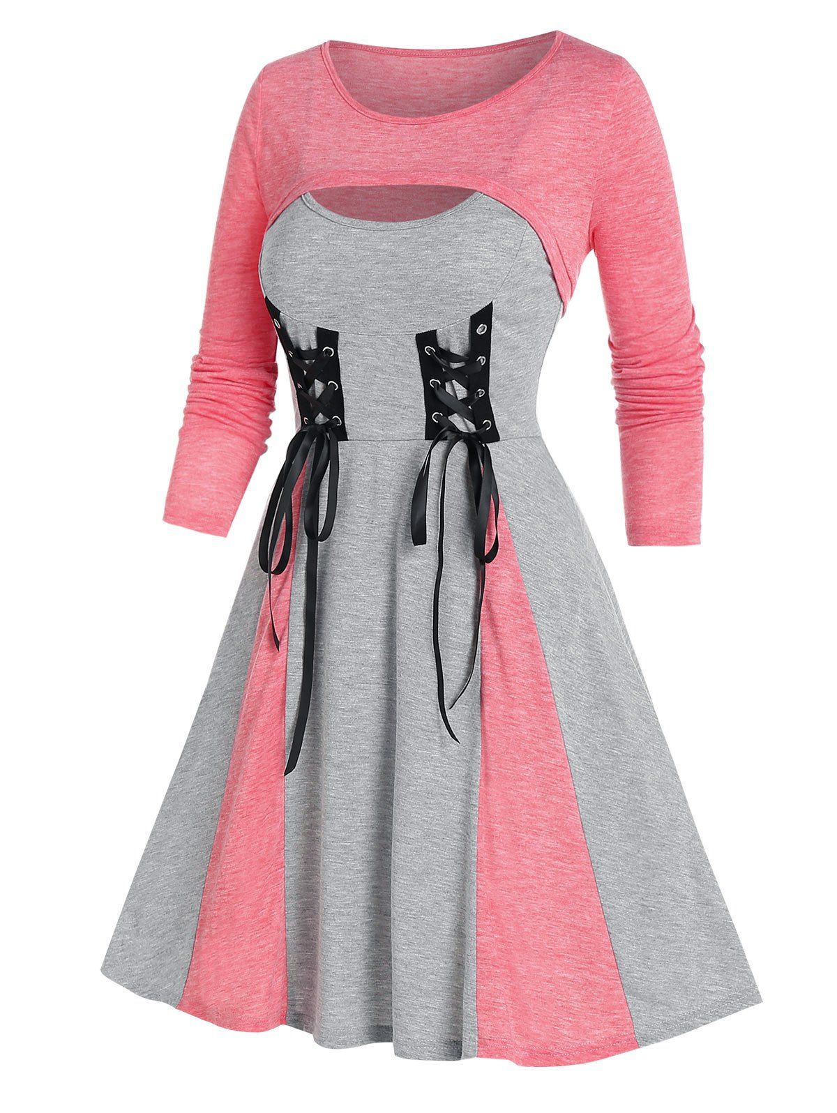 Contrast Colorblock Lace Up Cami Flare Dress and Shrug Top Set - GRAY XL