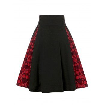 

Mock Button Lace Up Skull Lace Insert Skirt, Black