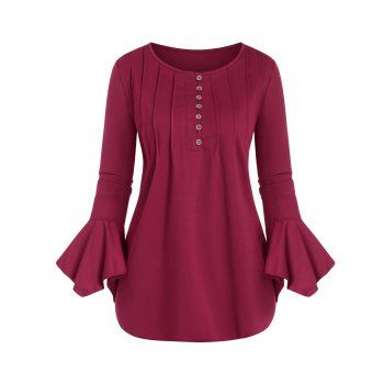 

Half Button Flared Sleeve Pintuck T Shirt, Red