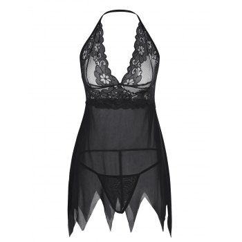 

Halter Lace Mesh Sharkbite Hem Lingerie Dress, Black