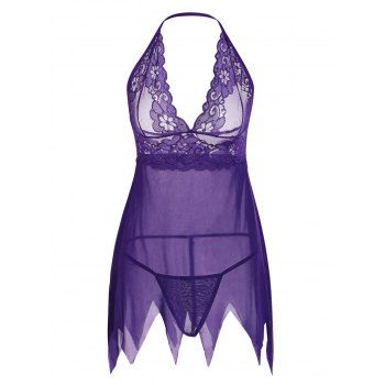 

Halter Lace Mesh Sharkbite Hem Lingerie Dress, Purple