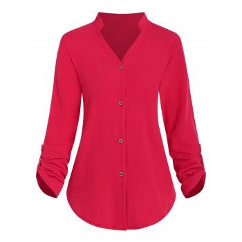 

Roll Tab Sleeve Round Hem Blouse, Red