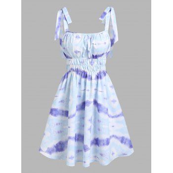 

Tie Dye Print Dress Tie Shoulder Mini Dress Shirred Waist A Line Dress, Multicolor