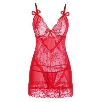 

Lace Bowknot See Thru Lingerie Dress, Red