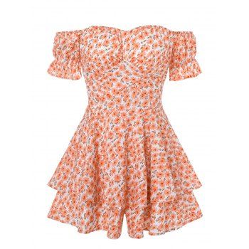 

Floral Palm Print Off The Shoulder Flounced Romper, Light orange