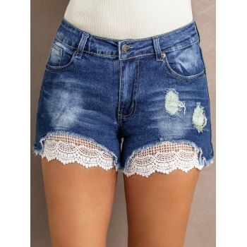 

Crochet Insert Distressed Jean Shorts, Blue