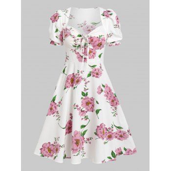 

Romantic Floral Puff Sleeve Tied Milkmaid Dress, White