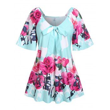 

Plus Size Floral Print Bowknot T-shirt, Multicolor