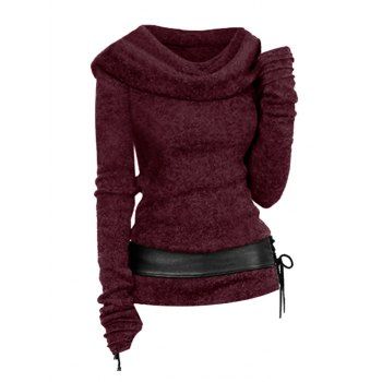 

Hooded Cowl Front Belted Lace Up Sweater, Deep red