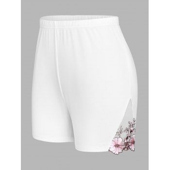 

Plus Size Flower Embroidery Mesh Insert Short Leggings, White