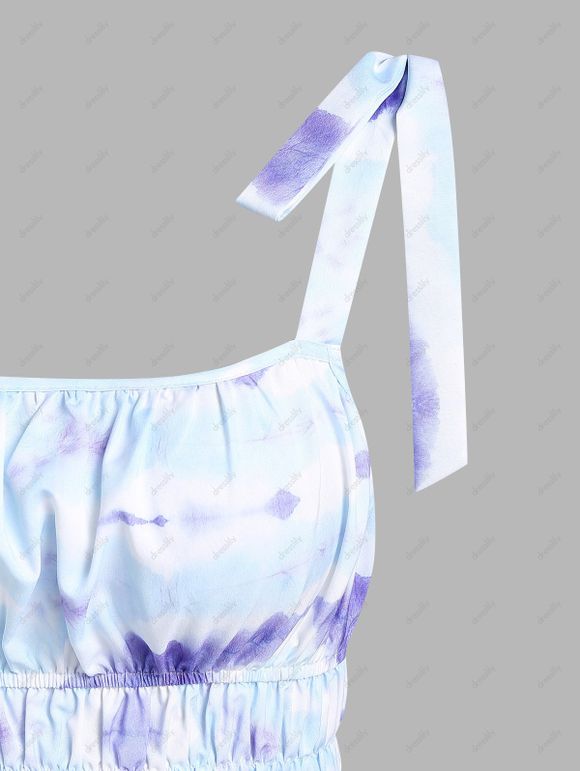 Robe Mini Teintée à Epaule Nouée à Taille Plissée en Ligne A - multicolor L