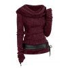Hooded Cowl Front Belted Lace Up Sweater - DEEP RED XL
