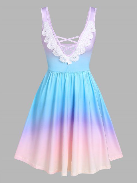 Summer Colorful Ombre Color Crisscross Lace Plunging Mini Dress