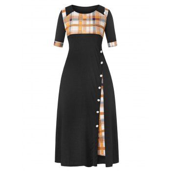 

Plaid Mock Button Midi Dress, Black