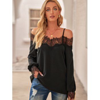 

Lace Insert Cold Shoulder T Shirt, Black