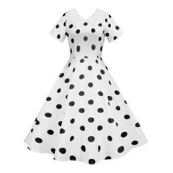 

Polka Dot Turn Down Collar Dress, White