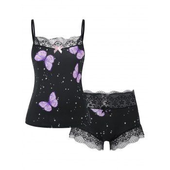 

Lace Panel Bowknot Butterfly Print Pajama Shorts Set, Purple