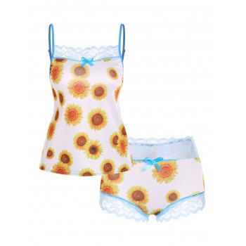 Sunflower Print Lace Insert Bowknot Pajama Shorts Set dresslily imagine noua 2022