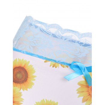 Sunflower Print Lace Insert Bowknot Pajama Shorts Set
