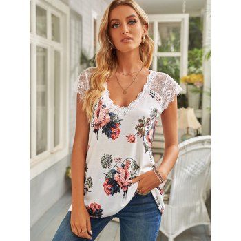 

Floral Print Lace Insert Cap Sleeve T Shirt, Multicolor