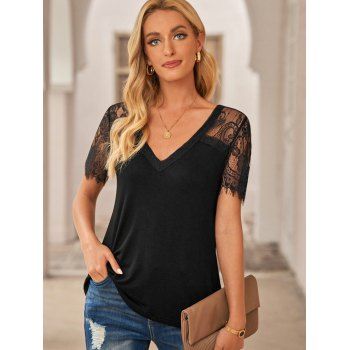 

Lace Insert V Neck T Shirt, Black