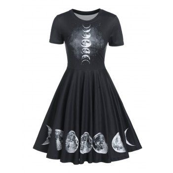 

Moon Phase Print Mini Fit and Flare Dress, Black