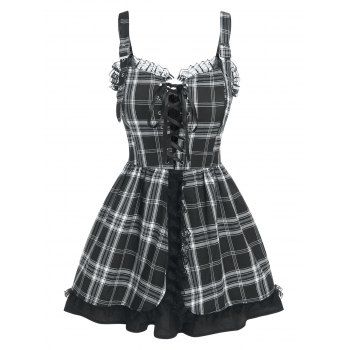 

Ruffled Lace Up Plaid Mini Dress, Black