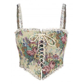 

Lace Up Embroidered Corset Top, Multicolor