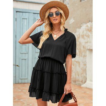 

Frilled Flutter Sleeve Tiered Flounce Popover Dress, Black
