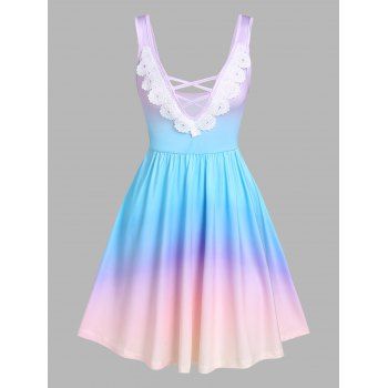 

Summer Colorful Ombre Color Crisscross Lace Plunging Mini Dress, Light green