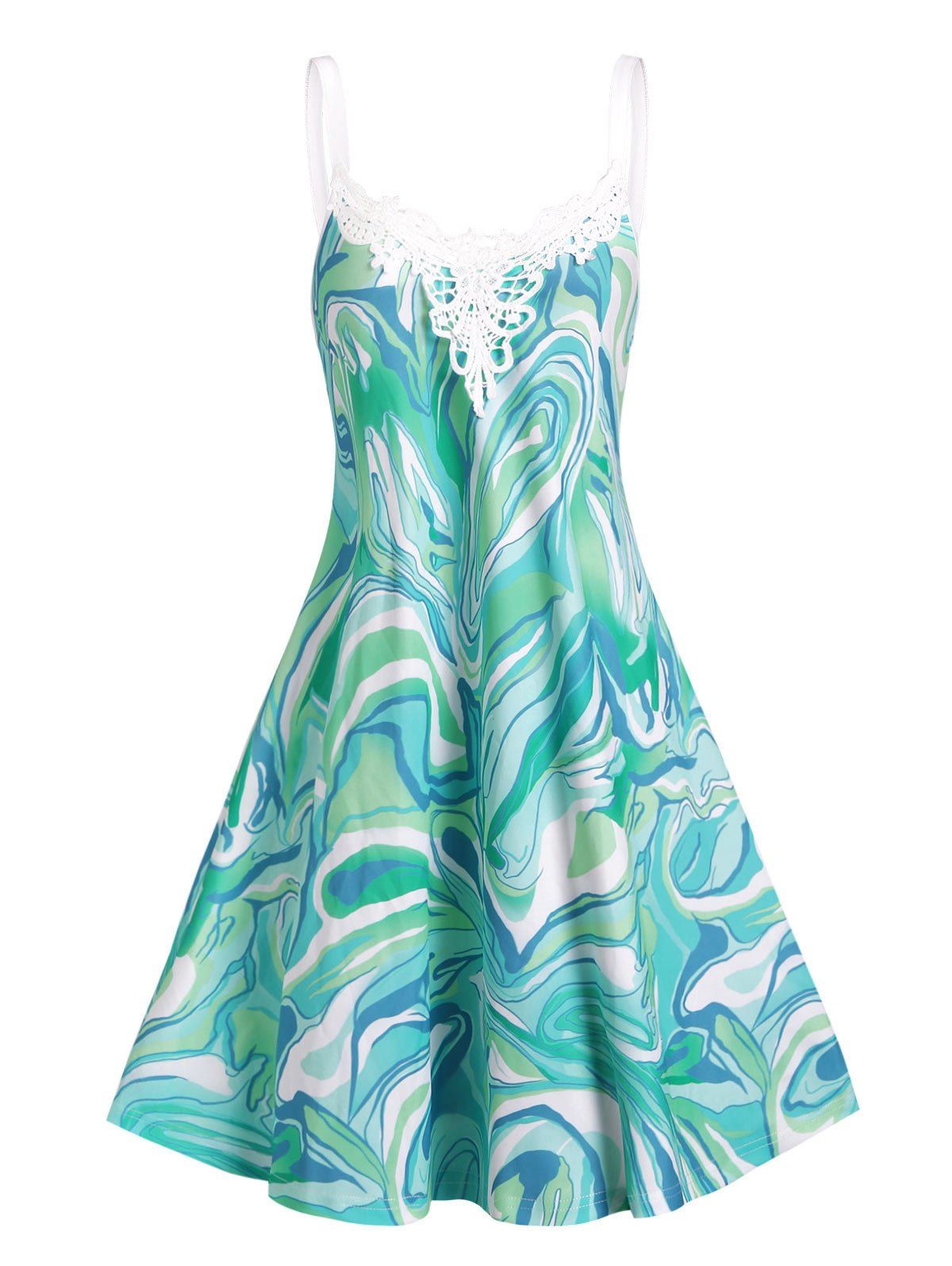 Summer Swirl Print Sundress Crochet Insert Cami Tank Dress - LIGHT GREEN L