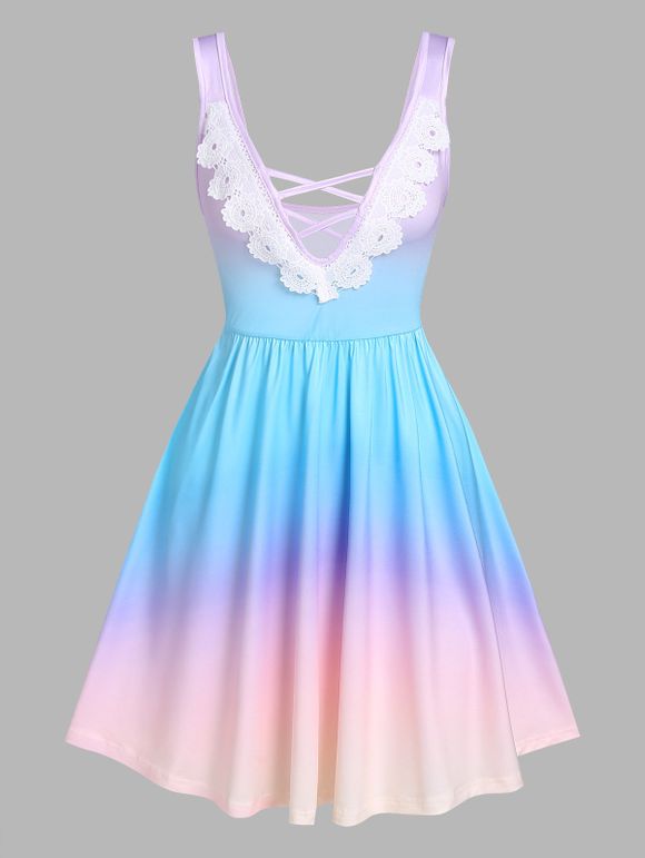 Summer Colorful Ombre Color Crisscross Lace Plunging Mini Dress - LIGHT GREEN XXXL
