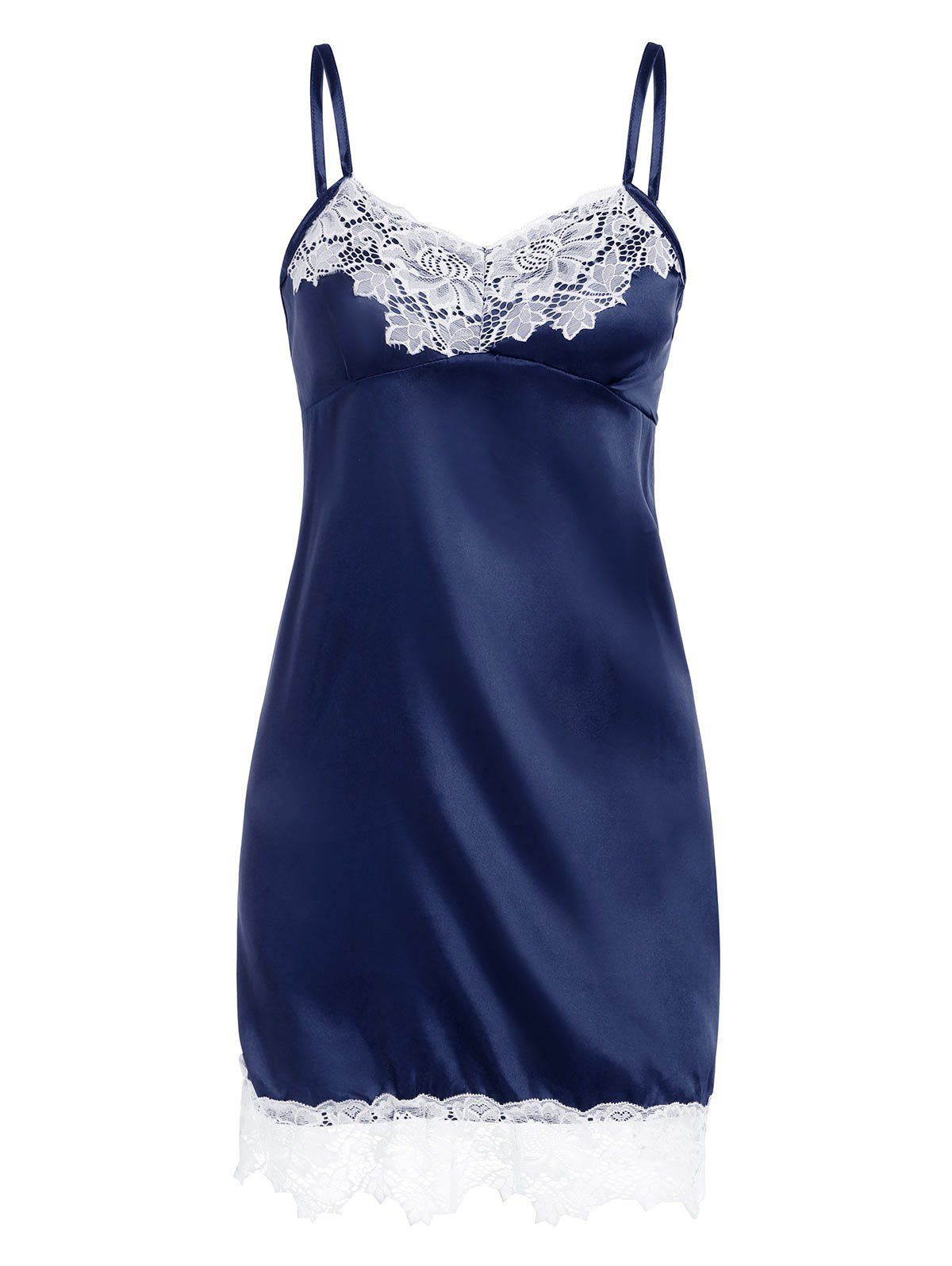 Satin Lace Insert Padded Sleep Dress - DEEP BLUE XL
