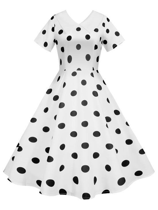 Polka Dot Turn Down Collar Dress - WHITE XL