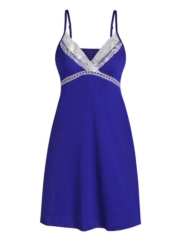 Robe de Nuit Superposée en Dentelle Insérée - Bleu S