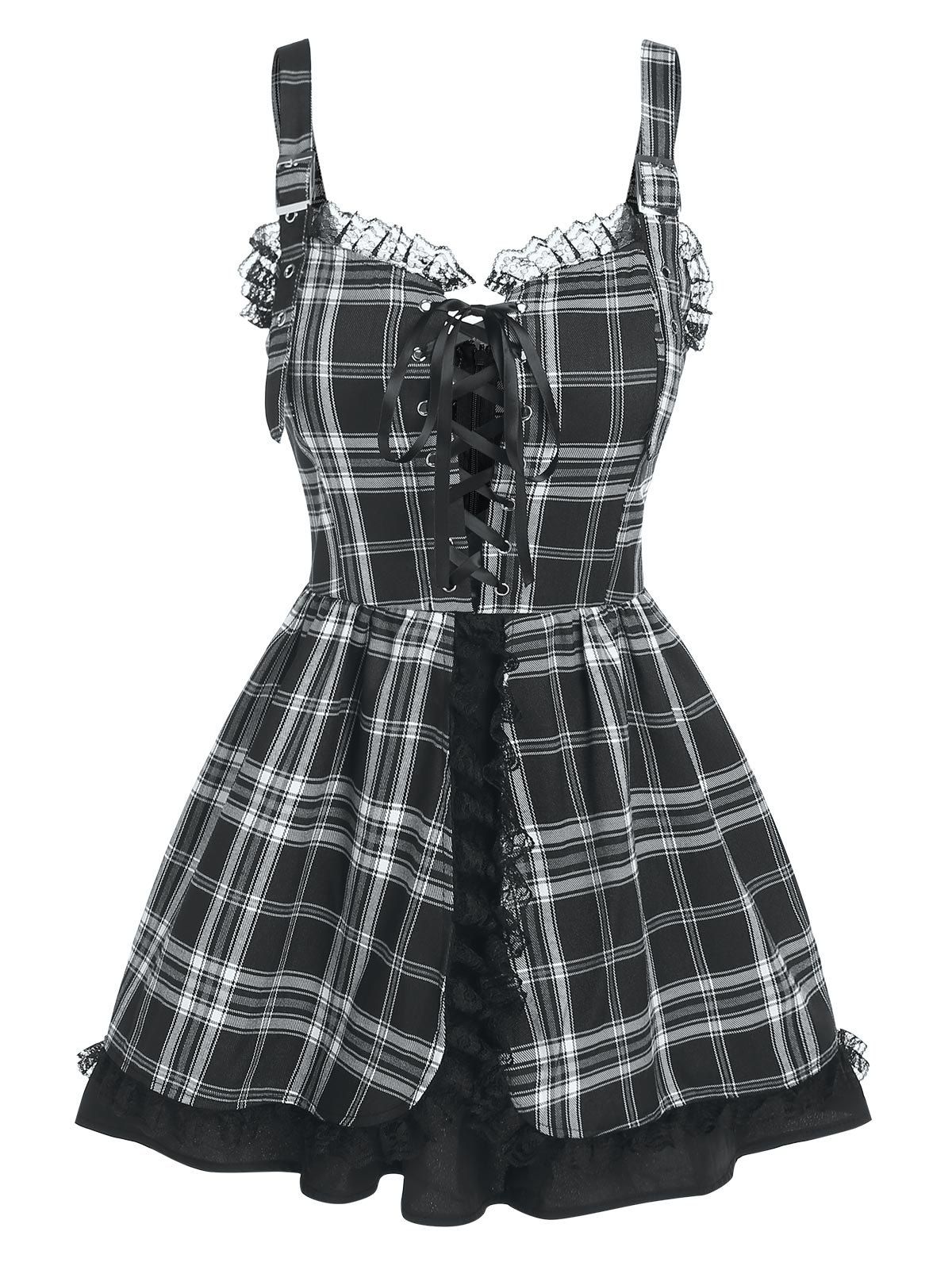 Ruffled Lace Up Plaid Mini Dress - BLACK M