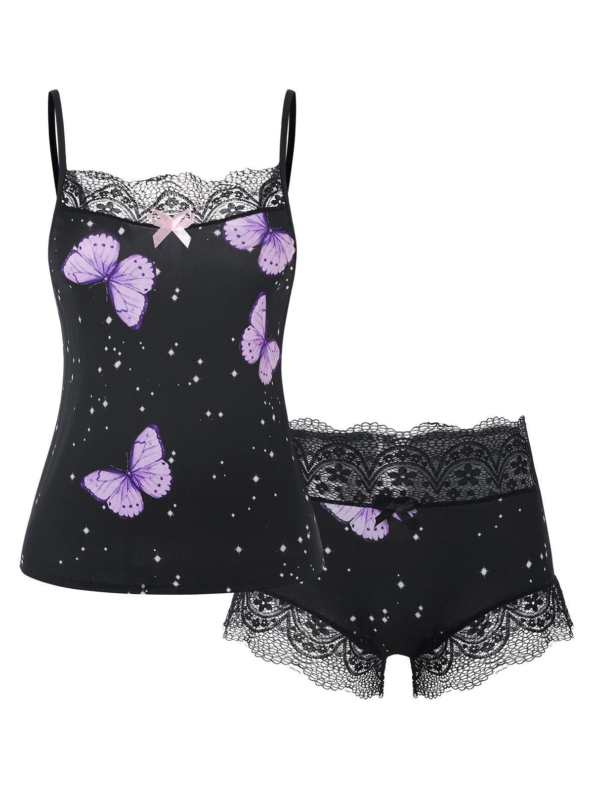 Lace Panel Bowknot Butterfly Print Pajama Shorts Set - PURPLE S