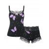 Lace Panel Bowknot Butterfly Print Pajama Shorts Set - PURPLE XXL