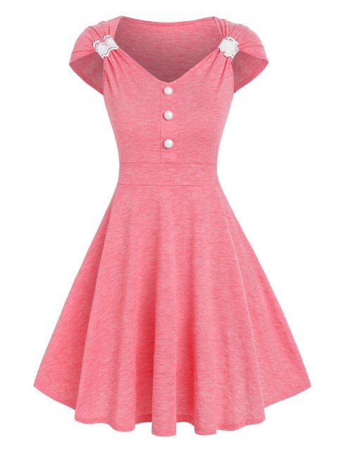 Heathered Summer Dress Crochet Insert Cap Sleeve Mini Dress Mock Button Flare A Line Dress