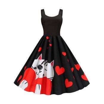 

Sleeveless Heart Cat Print Dress, Multicolor