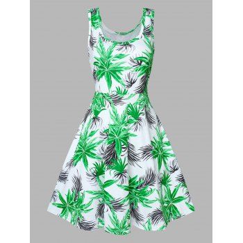 

Palm Leaf Print Vacation Dress Sleeveless Mini Dress High Waist Fit And Flare Dress, Green