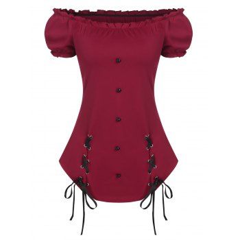 

Puff Sleeve Lace Up Off The Shoulder Tee, Deep red