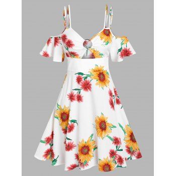 

Sunflower Print O Ring Cold Shoulders Dress, White