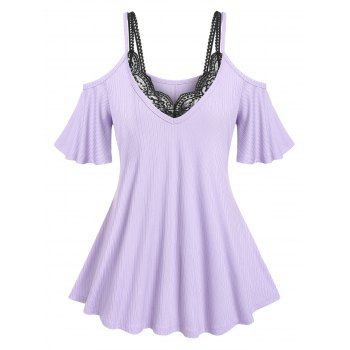 

Plus Size Ribbed Cold Shoulder T-shirt and Lace Bralette Top Set, Light purple
