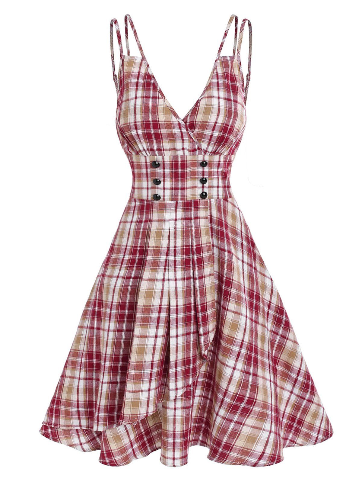 Plunge Plaid Mini A Line Dress - DEEP RED XL