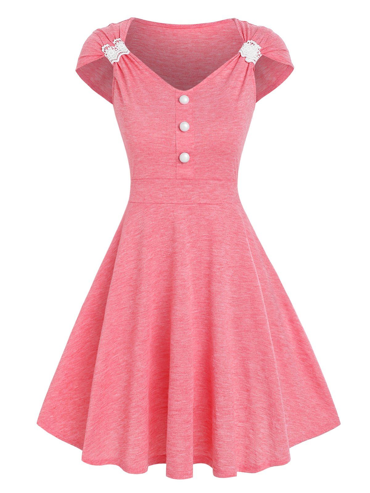 Heathered Summer Dress Crochet Insert Cap Sleeve Mini Dress Mock Button Flare A Line Dress - LIGHT PINK M